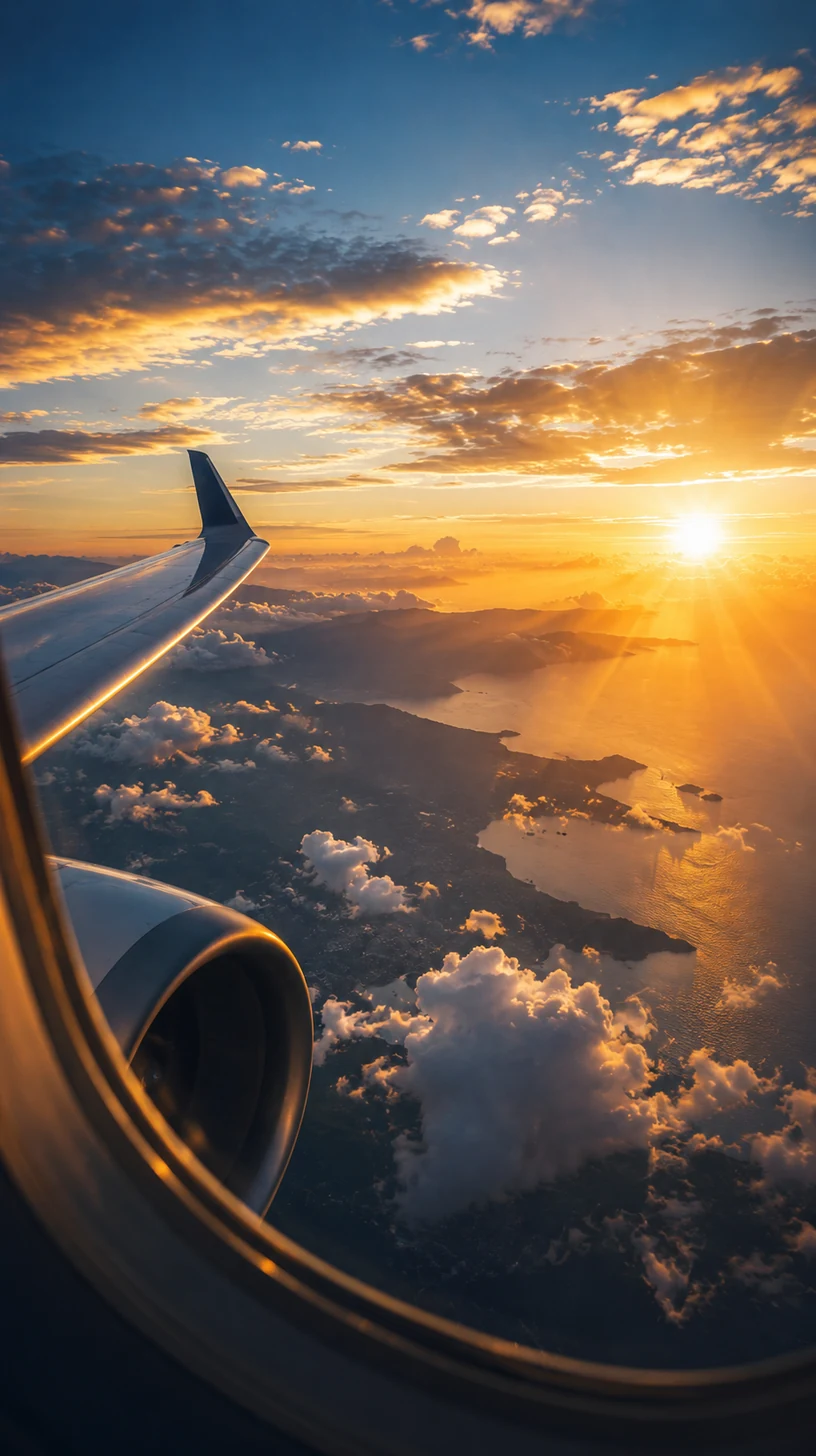 Airplane window sunrise over islands and clouds for global route inspiration