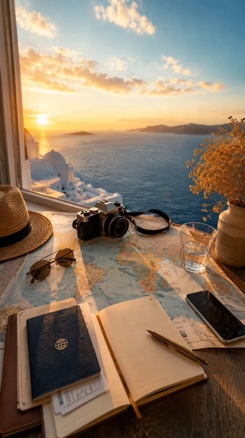 Elegant travel planning desk with world map, camera, passport and ocean view